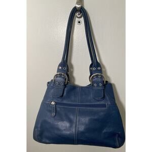 Tignanello Blue Leather Bag With Inner Pockets Double Handle. Some Corner Wear.